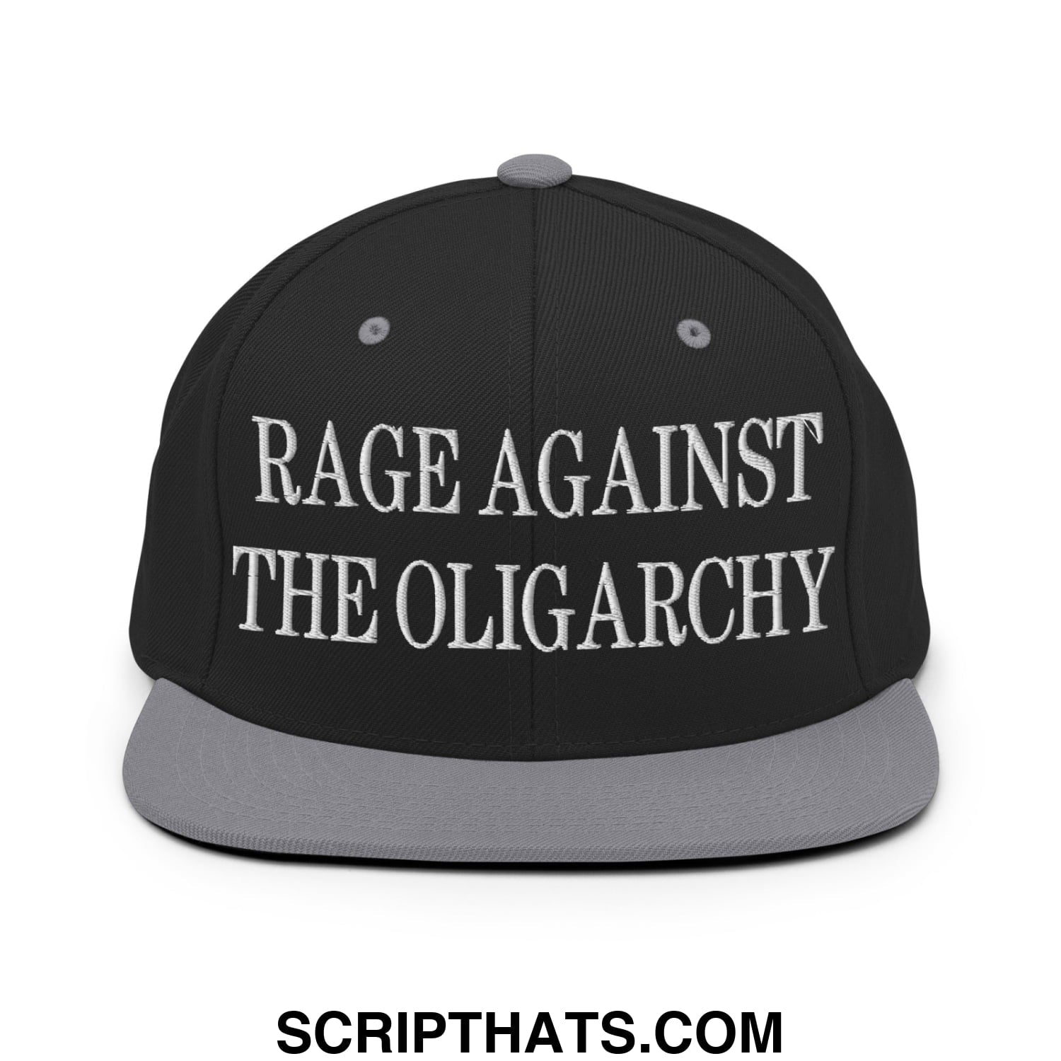Rage Against The Oligarchy Embroidered Flat Bill Brim Snapback Hat Black Silver