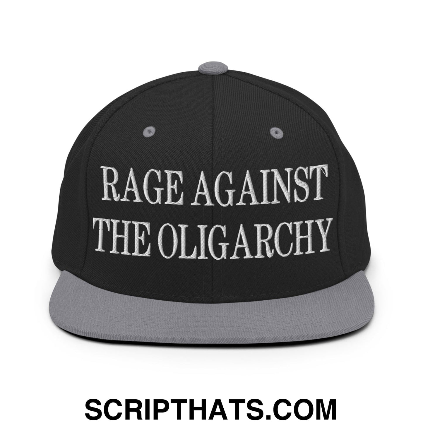 Rage Against The Oligarchy Embroidered Flat Bill Brim Snapback Hat Black Silver