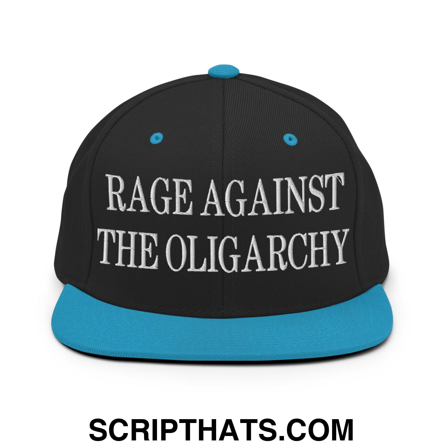 Rage Against The Oligarchy Embroidered Flat Bill Brim Snapback Hat Black Teal
