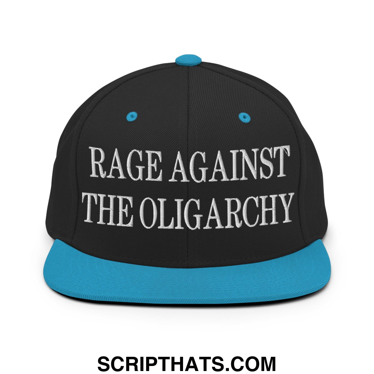 Rage Against The Oligarchy Embroidered Flat Bill Brim Snapback Hat Black Teal