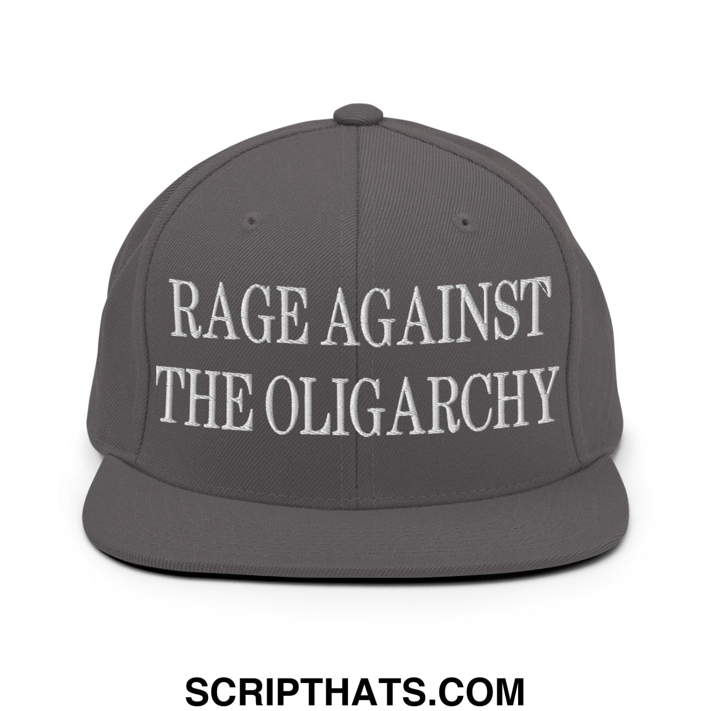 Rage Against The Oligarchy Embroidered Flat Bill Brim Snapback Hat Dark Grey