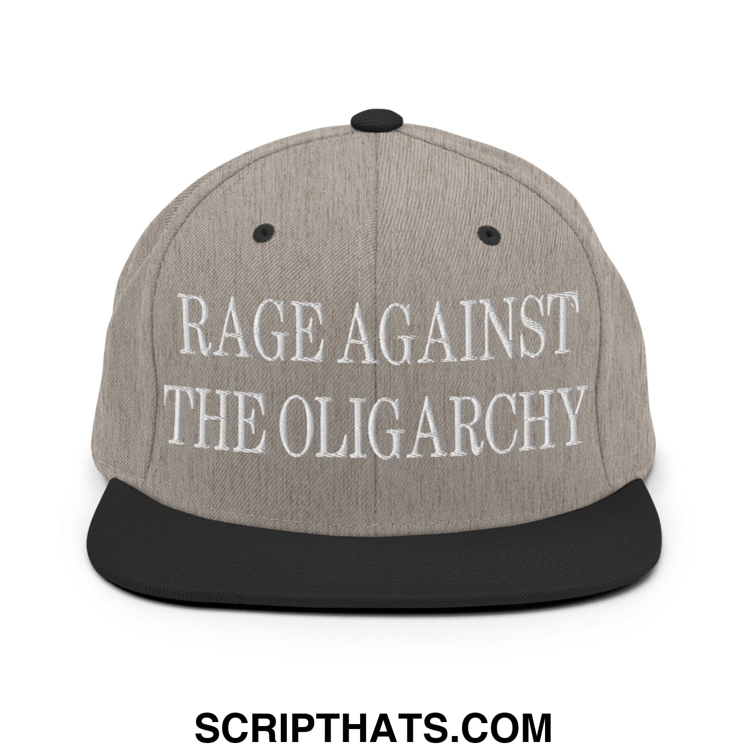 Rage Against The Oligarchy Embroidered Flat Bill Brim Snapback Hat Heather Black
