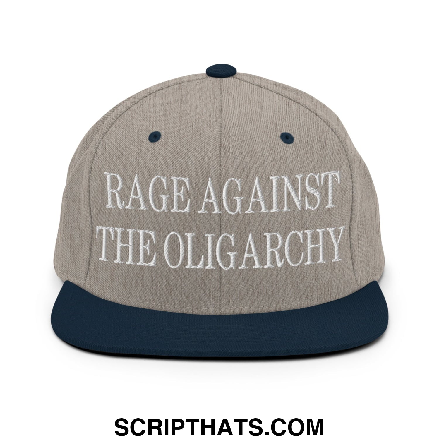 Rage Against The Oligarchy Embroidered Flat Bill Brim Snapback Hat Heather Grey Navy