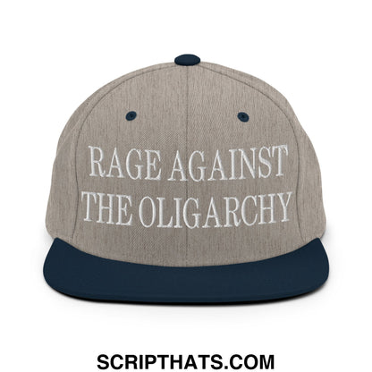 Rage Against The Oligarchy Embroidered Flat Bill Brim Snapback Hat Heather Grey Navy