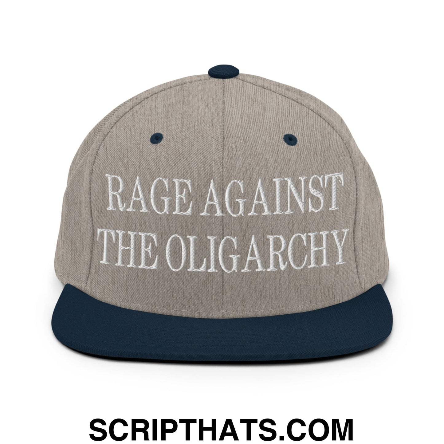 Rage Against The Oligarchy Embroidered Flat Bill Brim Snapback Hat Heather Grey Navy