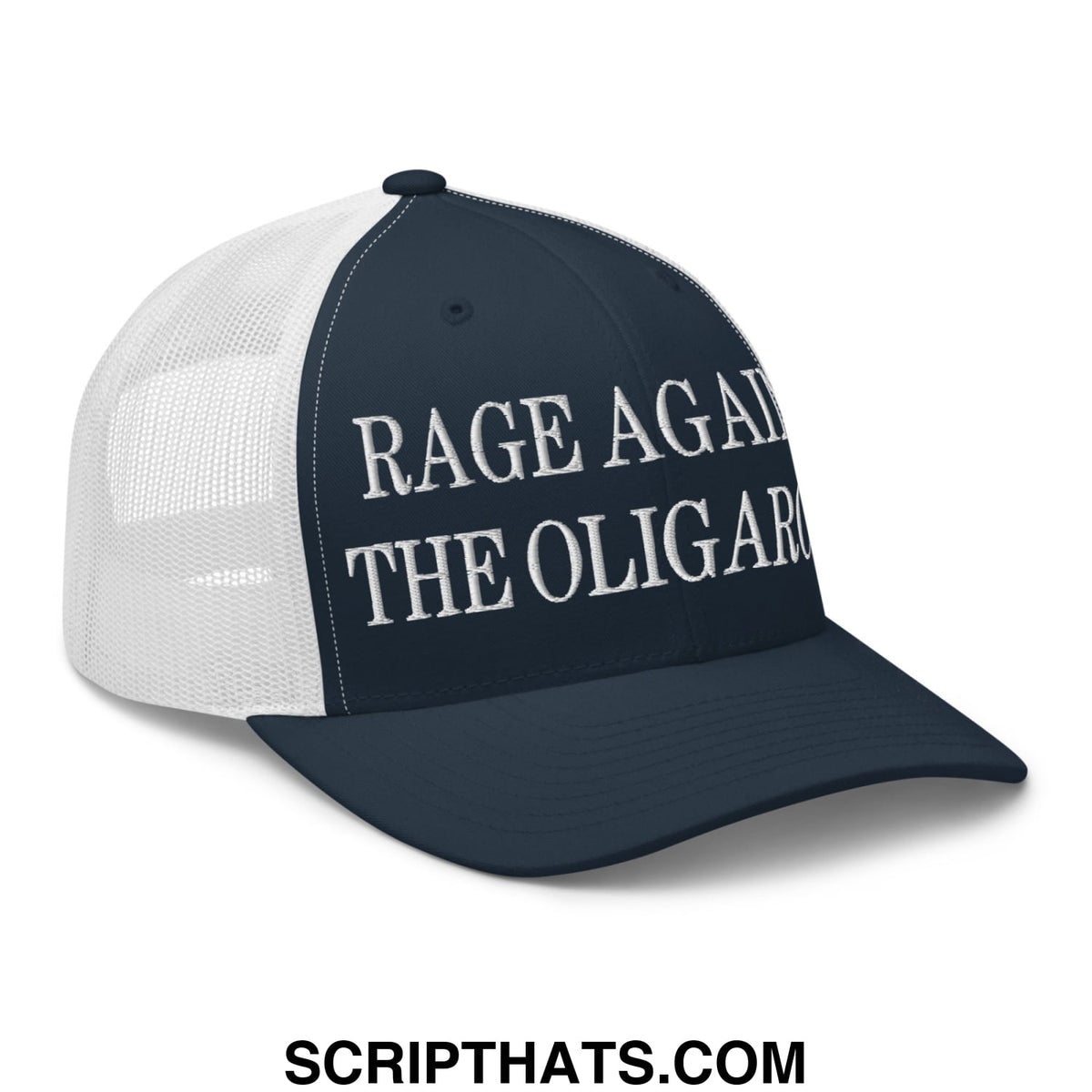 Navy blue and white mesh rage against the oligarchs embroidered trucker hat with bold capitalized text