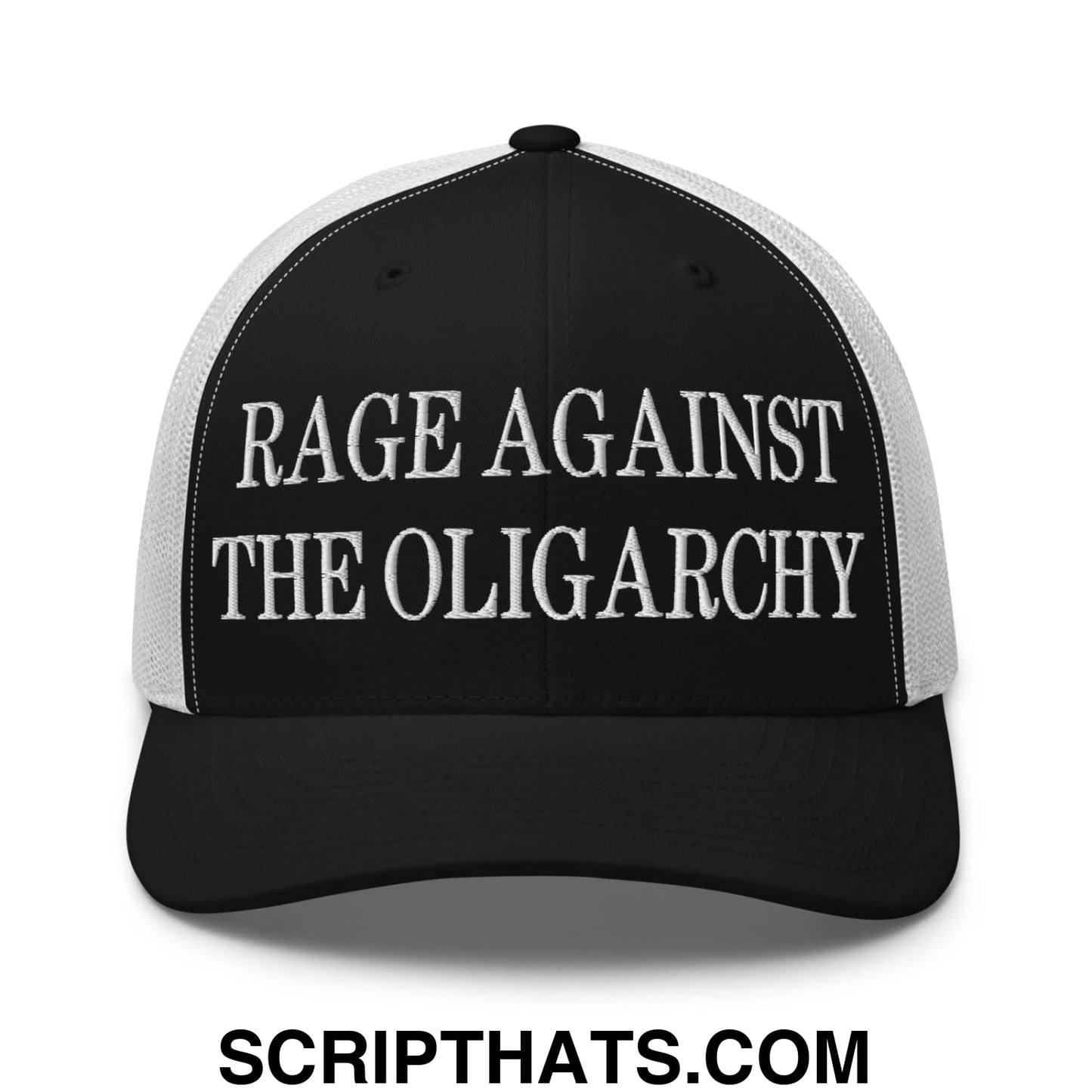 Rage Against The Oligarchy Embroidered Mesh Trucker Hat Black White