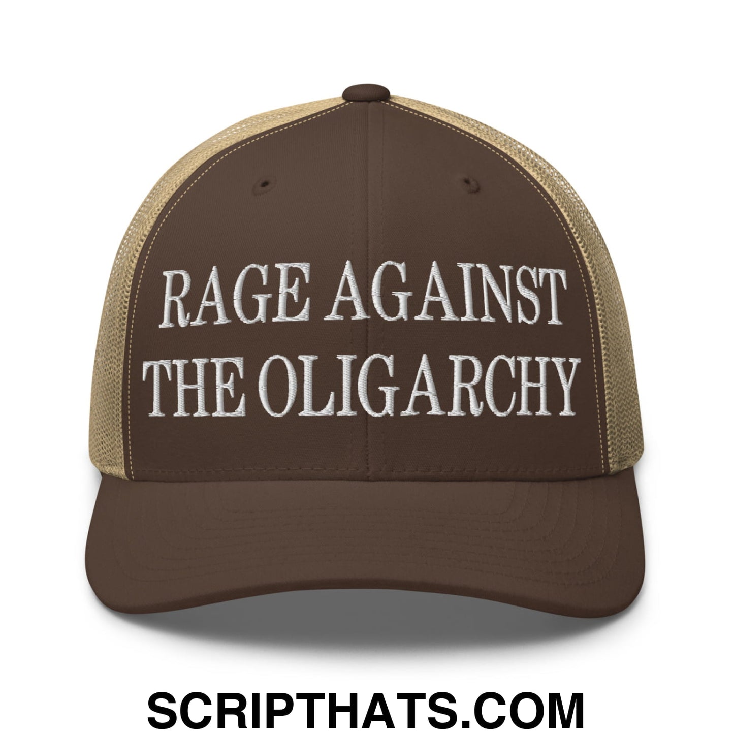 Rage Against The Oligarchy Embroidered Mesh Trucker Hat Brown Khaki