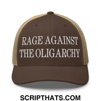 Rage Against The Oligarchy Embroidered Mesh Trucker Hat Brown Khaki