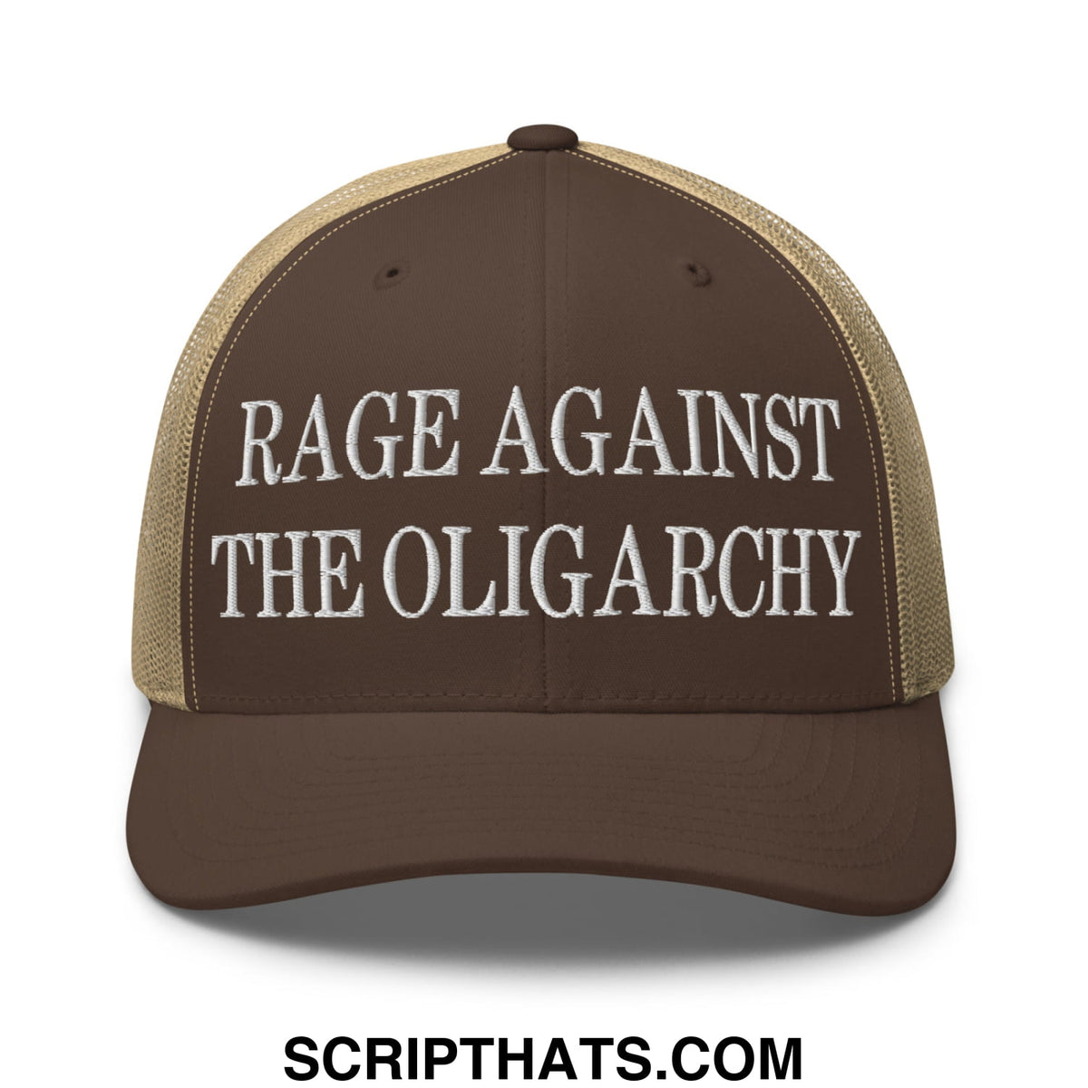 Brown and tan mesh trucker hat with white embroidered rage against the oligarchy text front view