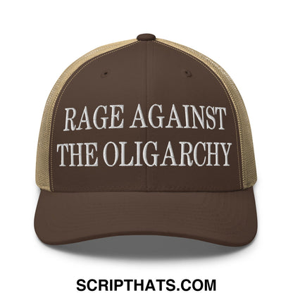 Brown and tan mesh trucker hat with white embroidered rage against the oligarchy text front view