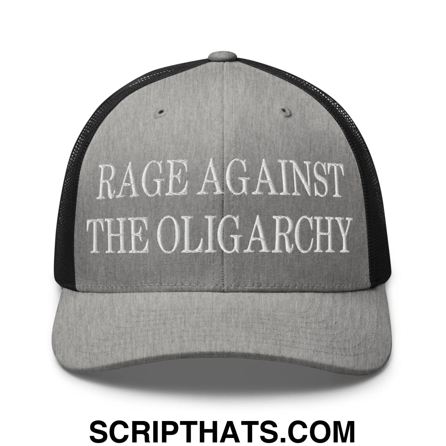 Rage Against The Oligarchy Embroidered Mesh Trucker Hat Heather Black