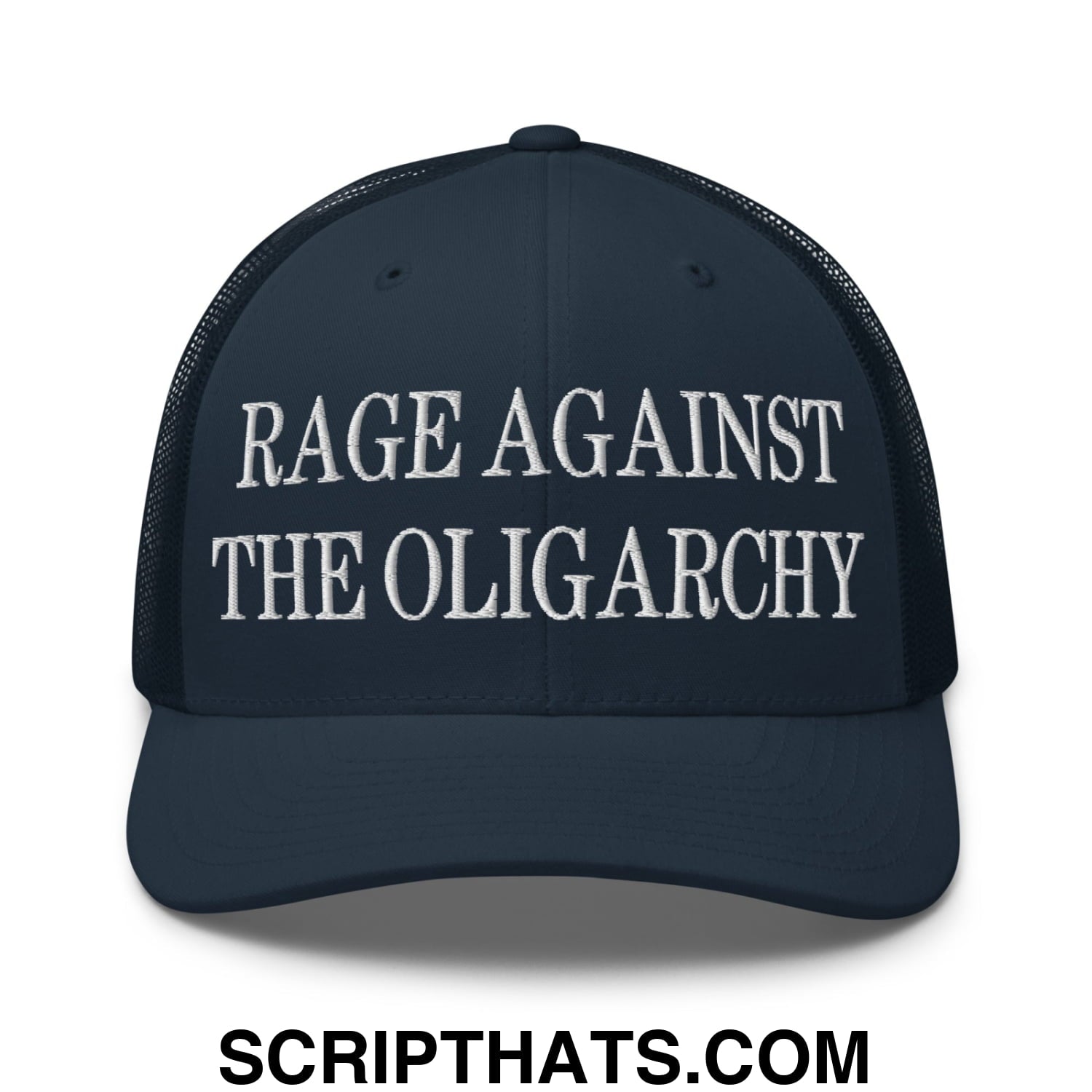 Rage Against The Oligarchy Embroidered Mesh Trucker Hat Navy