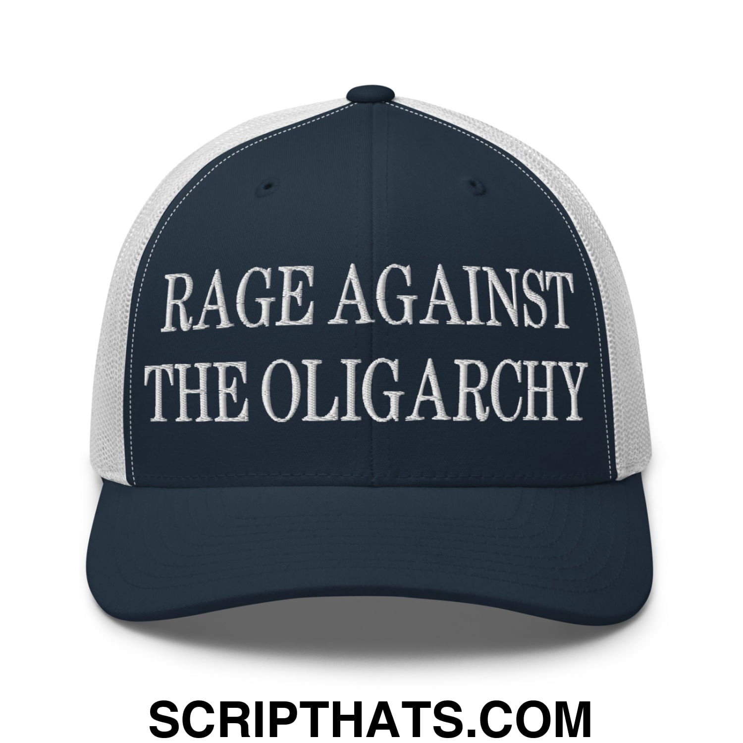 Rage Against The Oligarchy Embroidered Mesh Trucker Hat Navy White