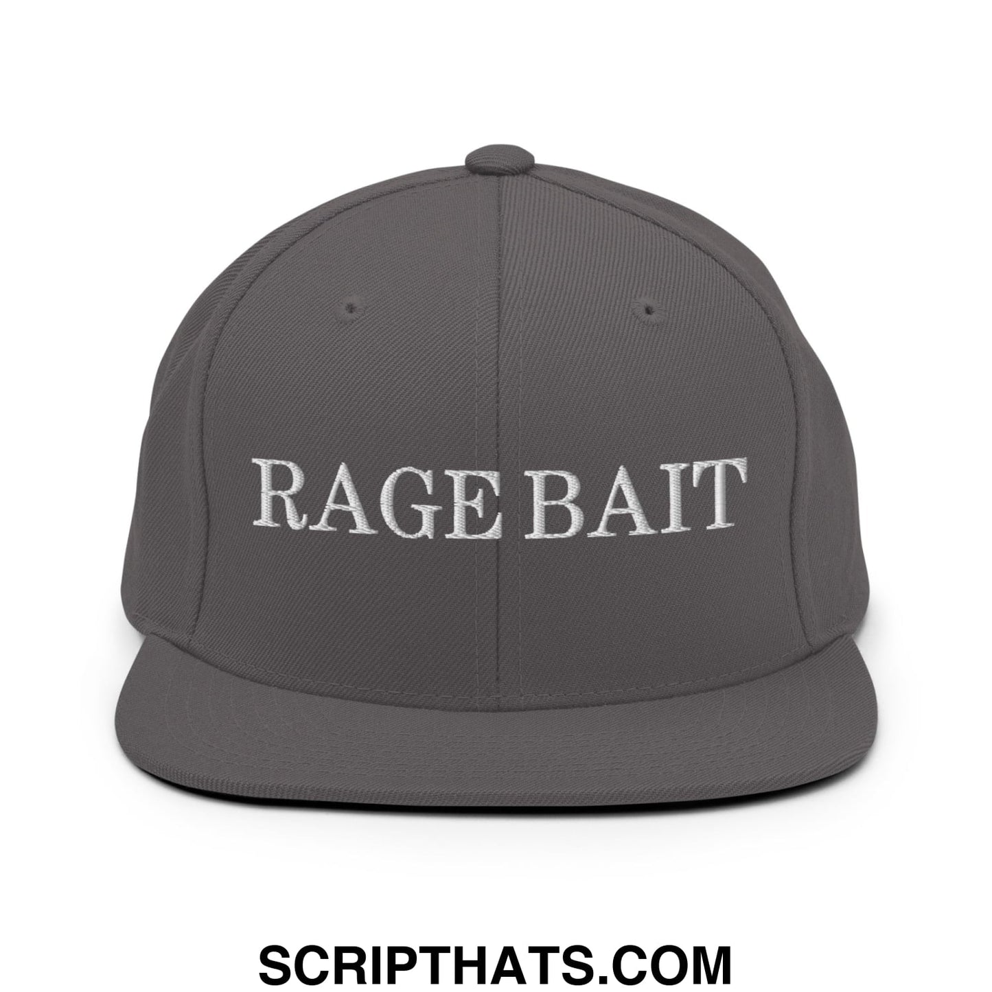 A dark gray flat bill snapback hat with rage bait embroidered in white thread across the front panel