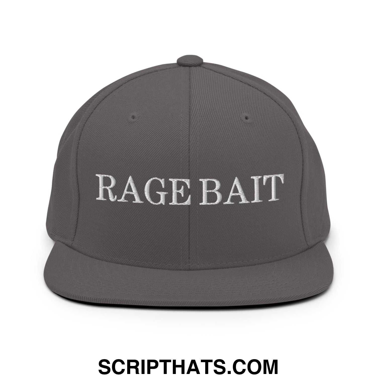 A dark gray flat bill snapback hat with rage bait embroidered in white thread across the front panel