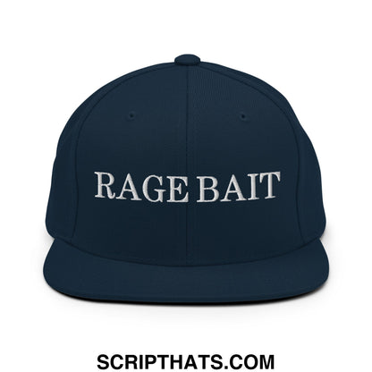 Navy blue snapback cap with white embroidered rage bait text and a flat bill brim for casual streetwear use