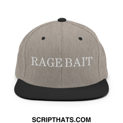 Gray and black snapback hat with rage bait embroidered in white on flat bill brim for casual wear