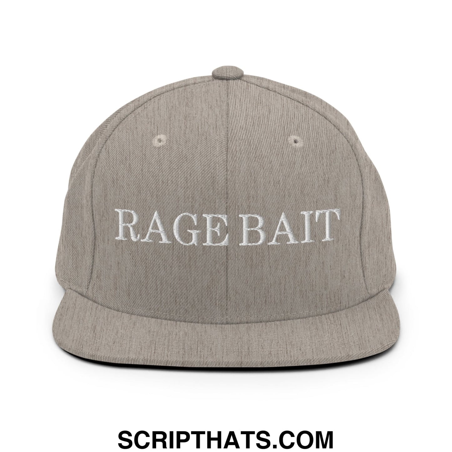 Gray snapback hat with white embroidered rage bait text and flat bill brim for casual streetwear use