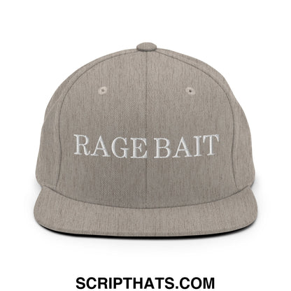 Gray snapback hat with white embroidered rage bait text and flat bill brim for casual streetwear use