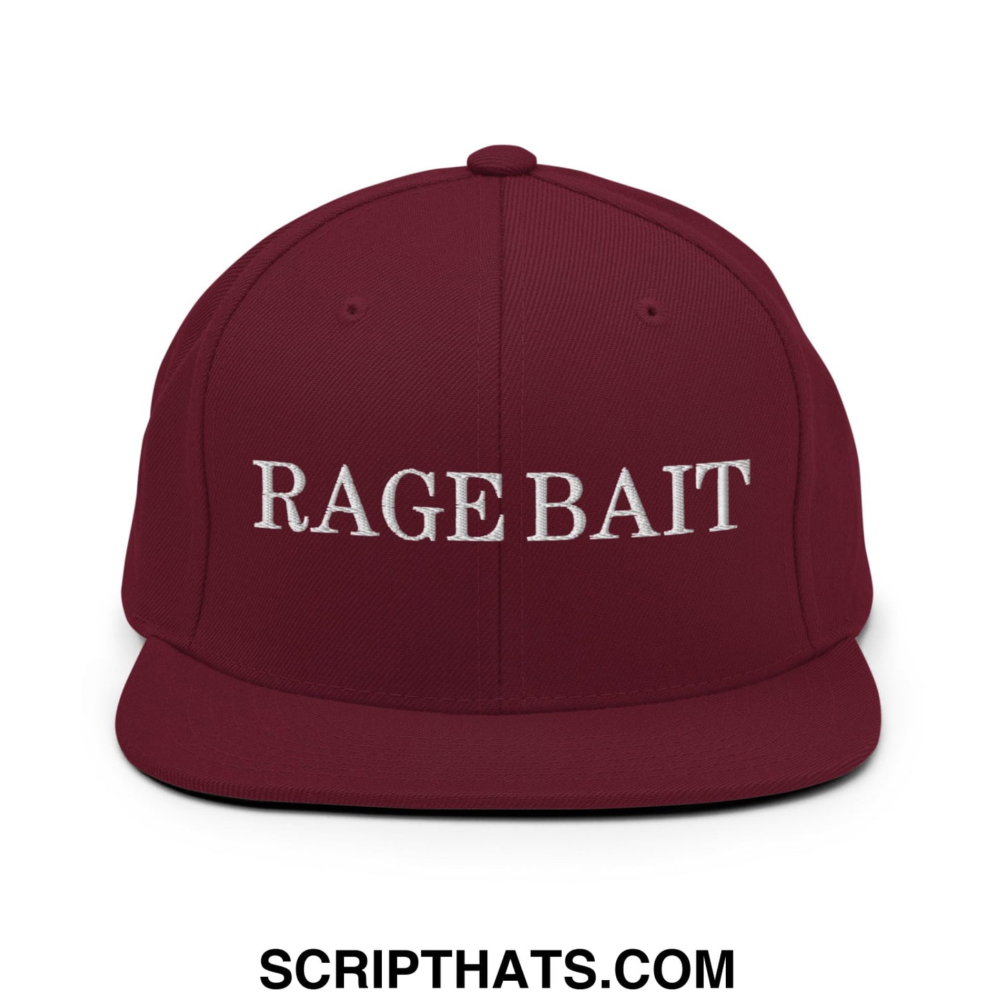 Maroon flat bill brim snapback hat with white embroidered rage bait text on front made from durable material