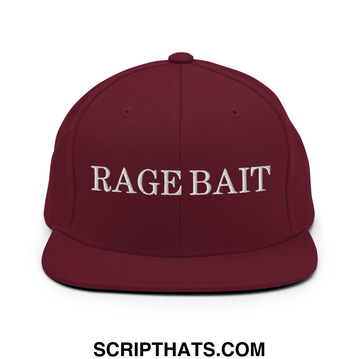 Maroon flat bill brim snapback hat with white embroidered rage bait text on front made from durable material