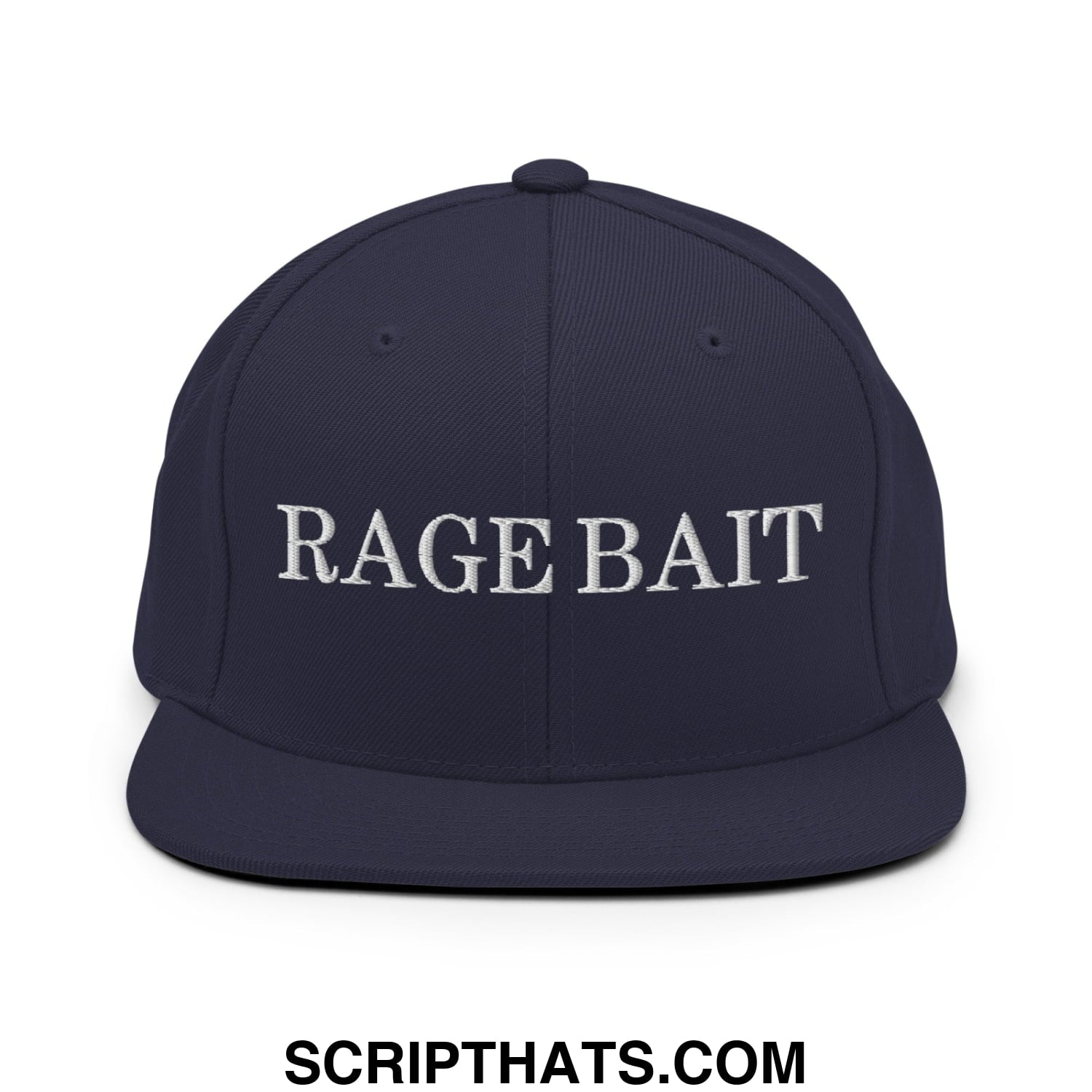 Navy blue snapback hat with white embroidered rage bait text and flat bill brim perfect for casual wear
