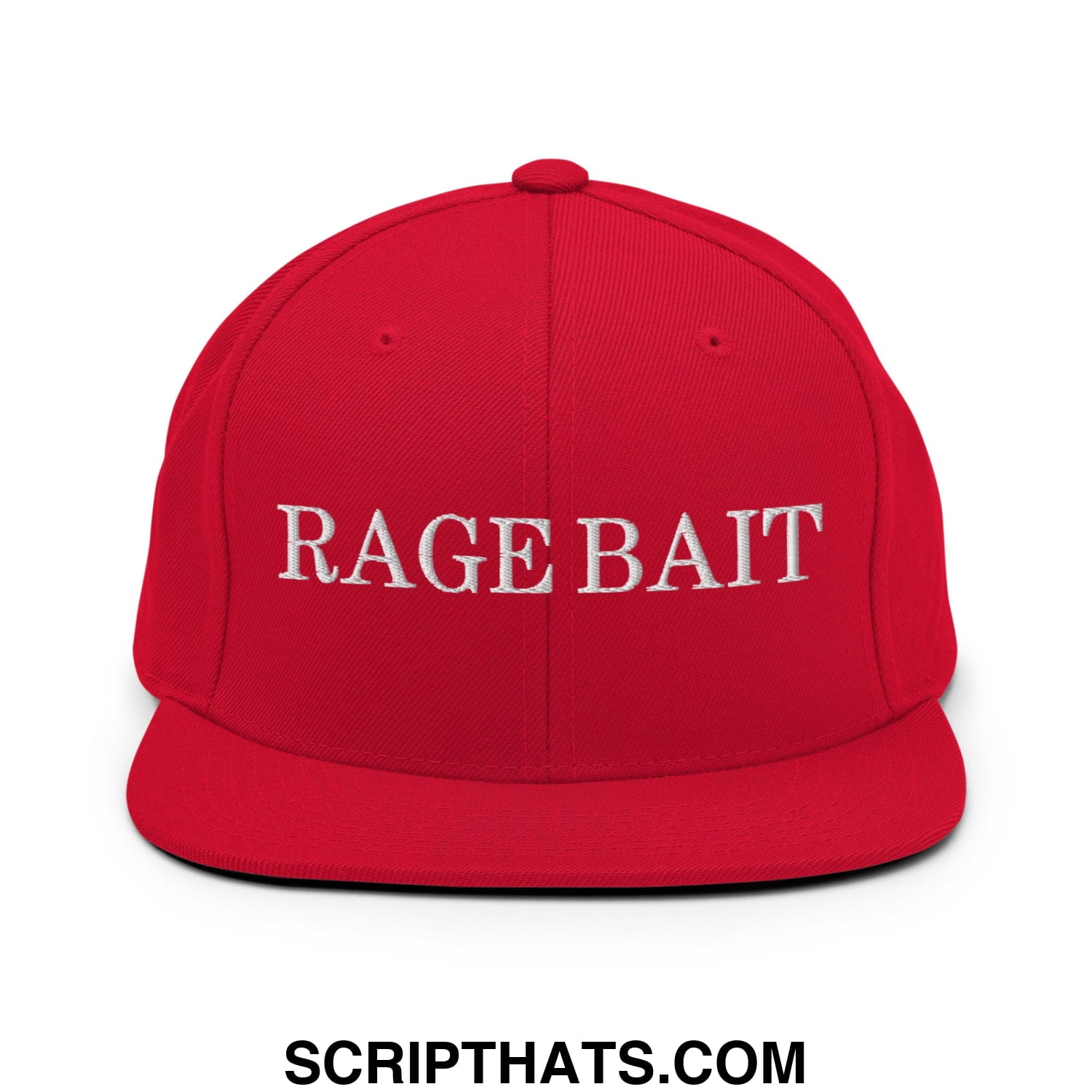 A vibrant red snapback hat with rage bait embroidered in bold white on a flat bill brim design