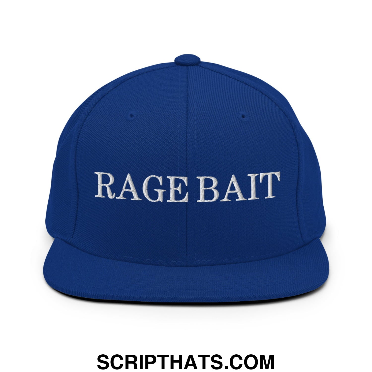 Royal blue snapback hat with white embroidered rage bait text and flat bill brim design