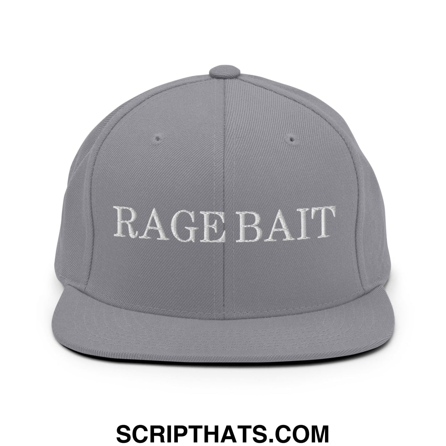 Gray snapback hat with white embroidered rage bait text and flat bill brim ideal for casual wear