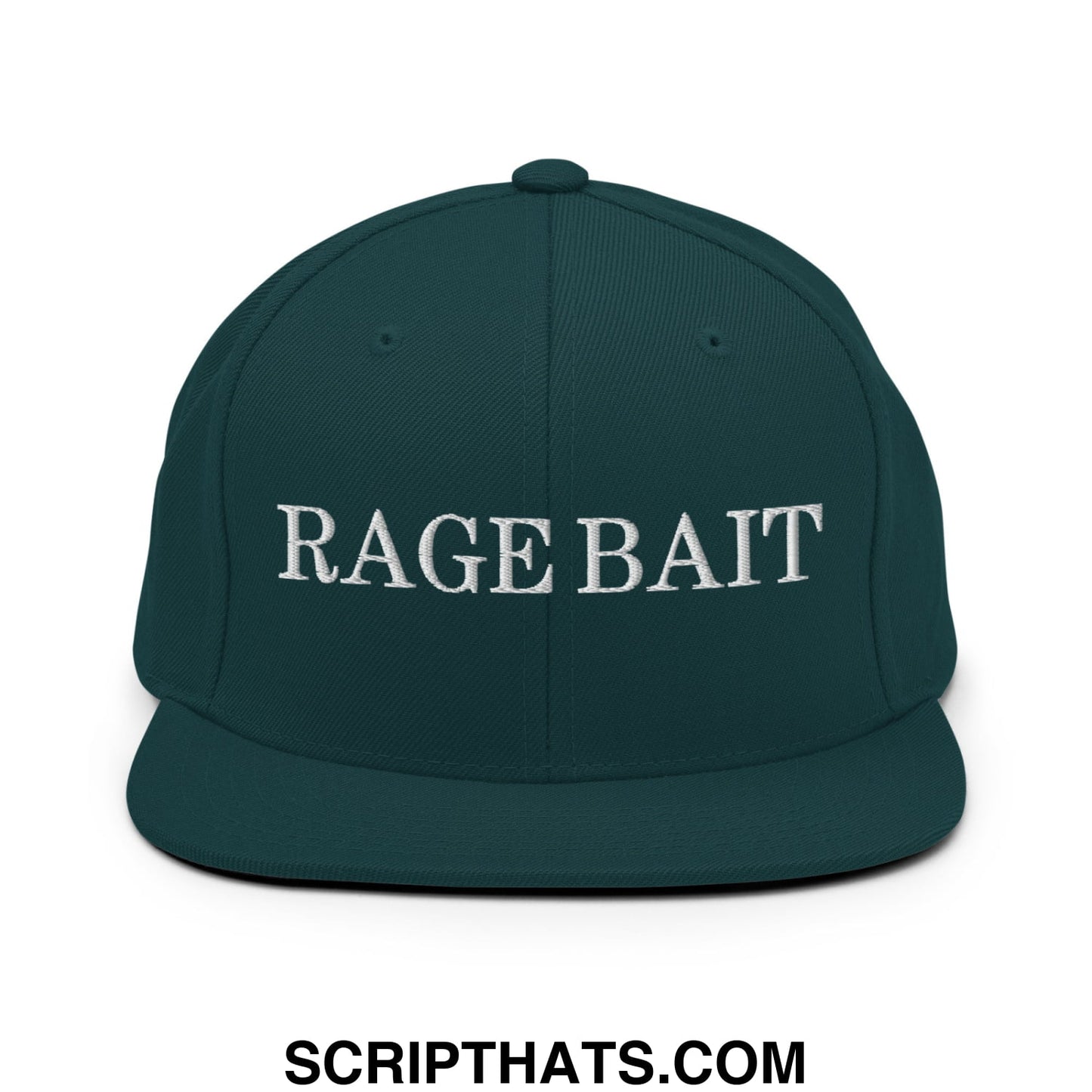 Dark green snapback hat with white embroidered rage bait text and flat bill brim for casual wear