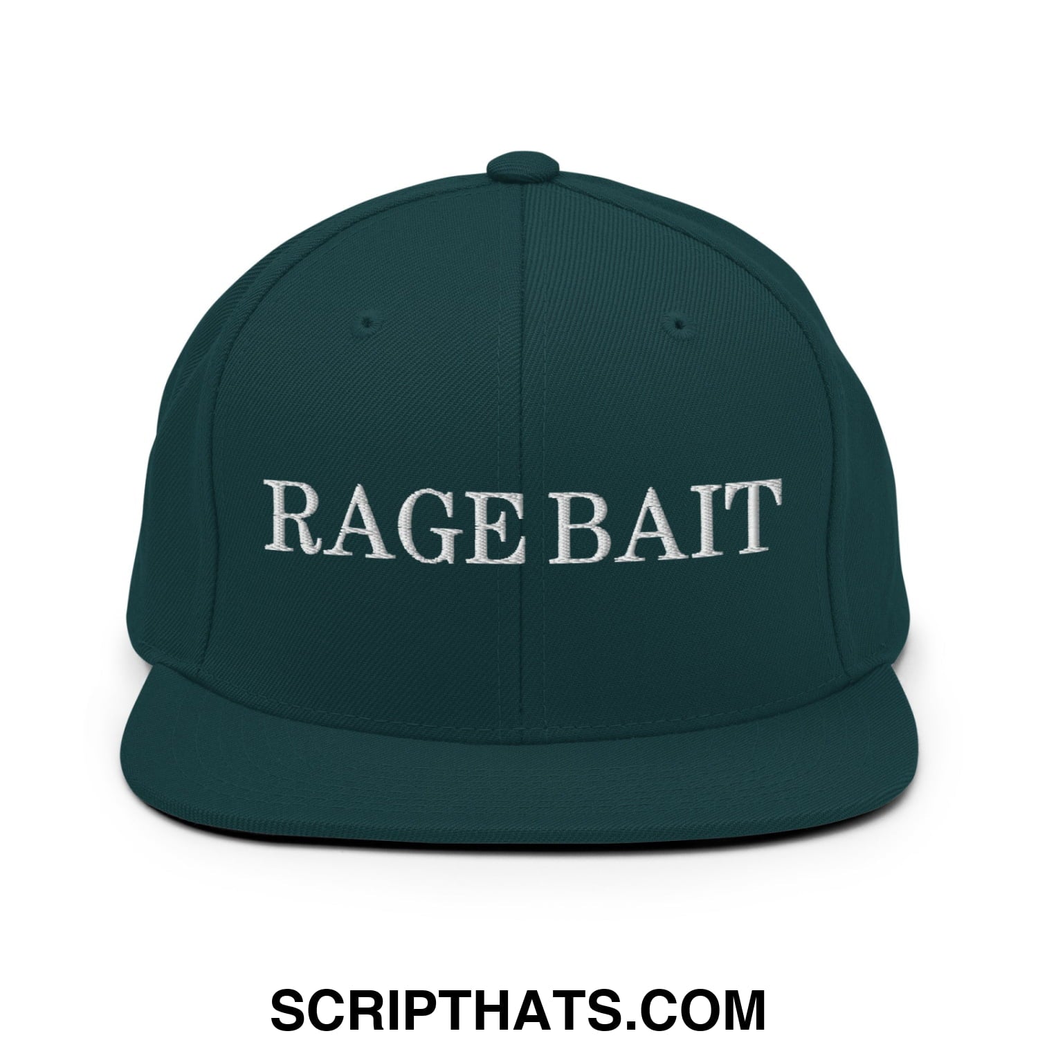 Dark green snapback hat with white embroidered rage bait text and flat bill brim for casual wear