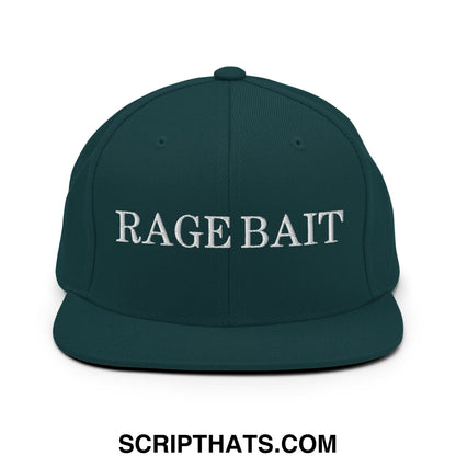 Dark green snapback hat with white embroidered rage bait text and flat bill brim for casual wear