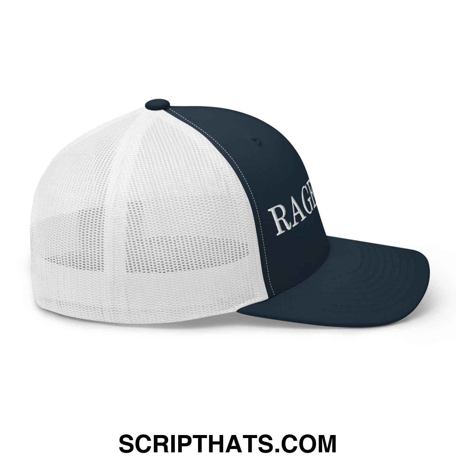 Navy blue and white mesh trucker hat with embroidered rage script on front panel called Rage Bait Embroidered Mesh Trucker Hat