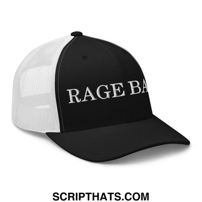 Black and white mesh trucker hat with rage b embroidered in bold uppercase letters on the front panel