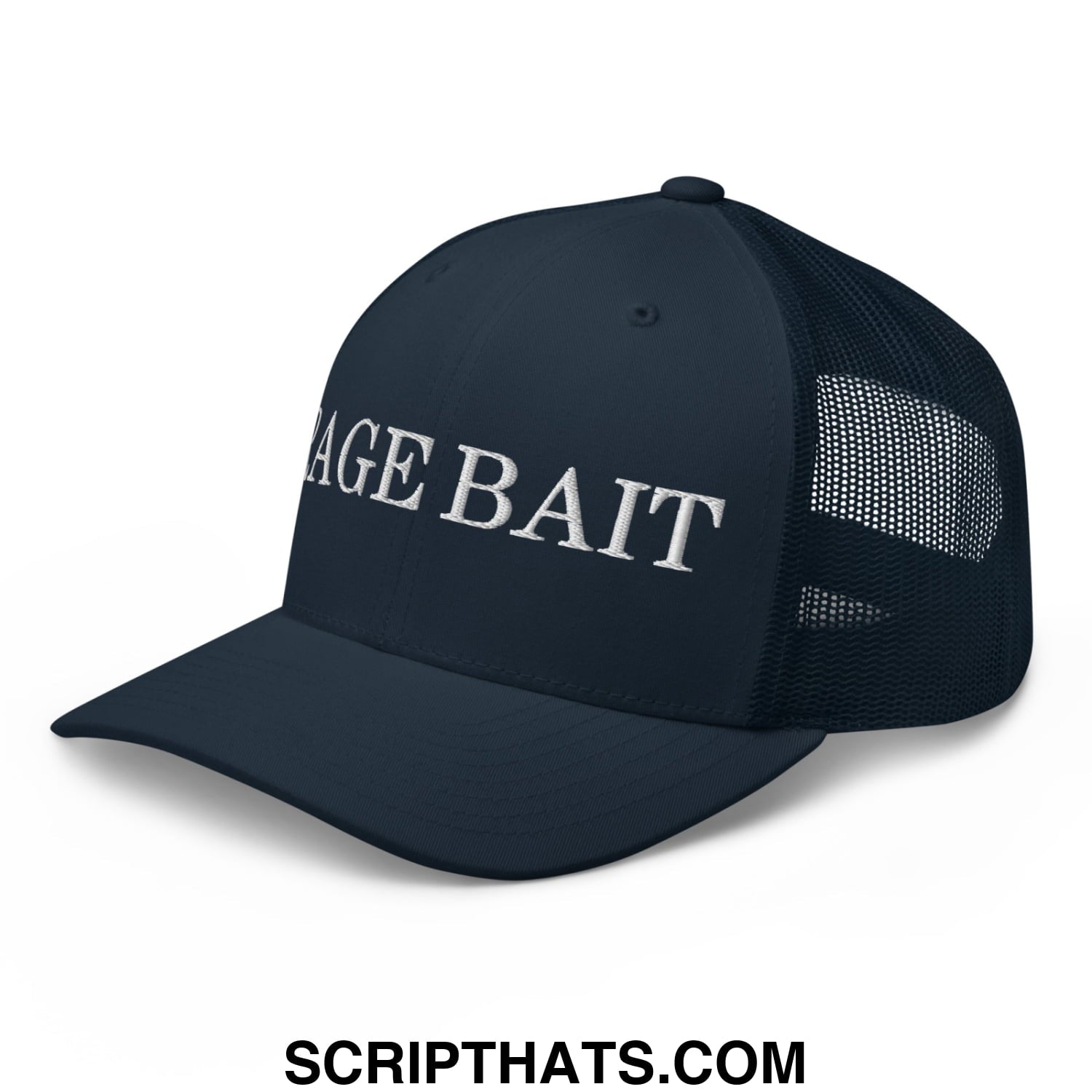 Dark navy mesh trucker hat with white embroidered rage bait text on the front panel ideal for casual wear