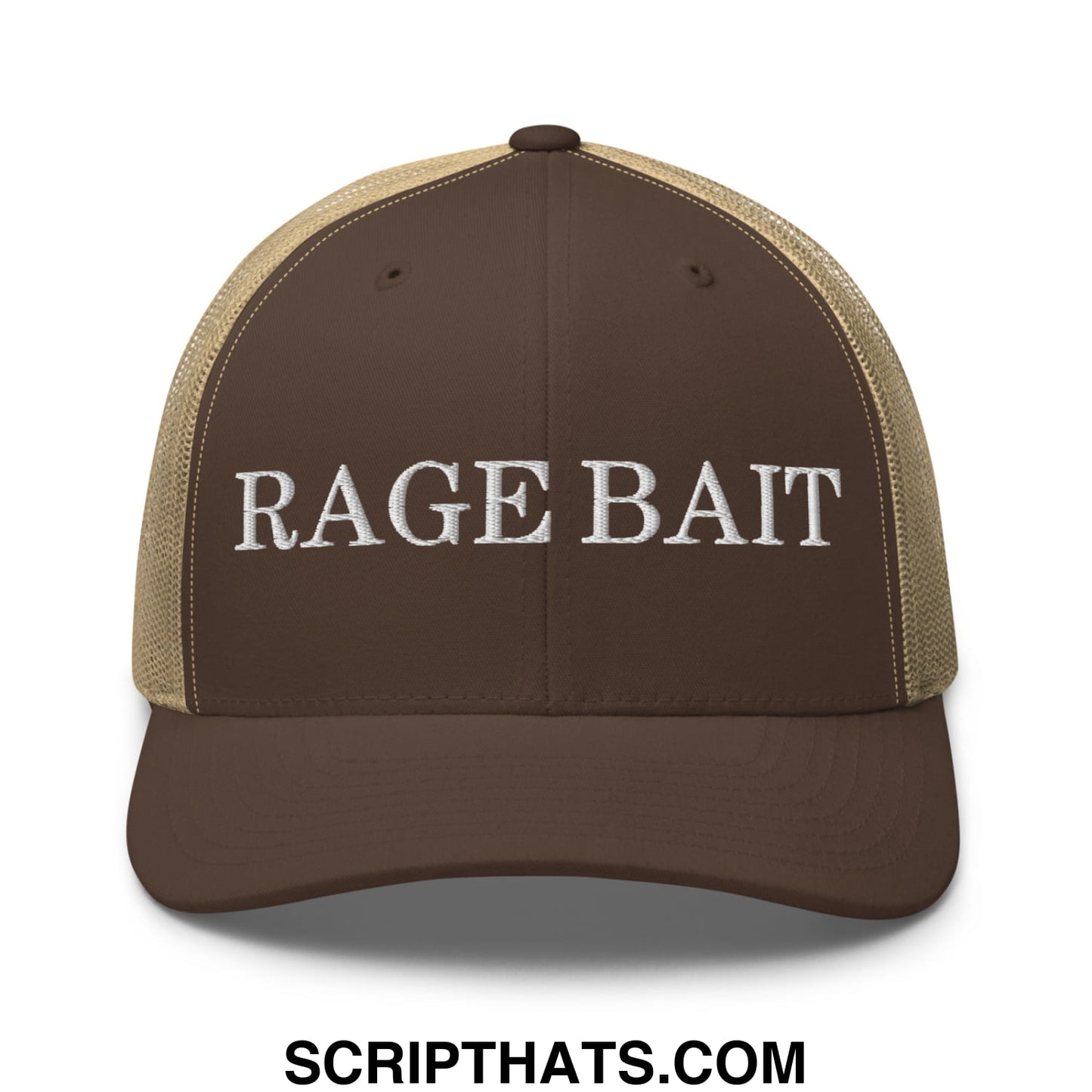 Brown and tan mesh trucker hat with rage bait embroidered in white on the front panel