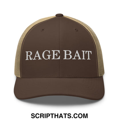 Brown and tan mesh trucker hat with rage bait embroidered in white on the front panel