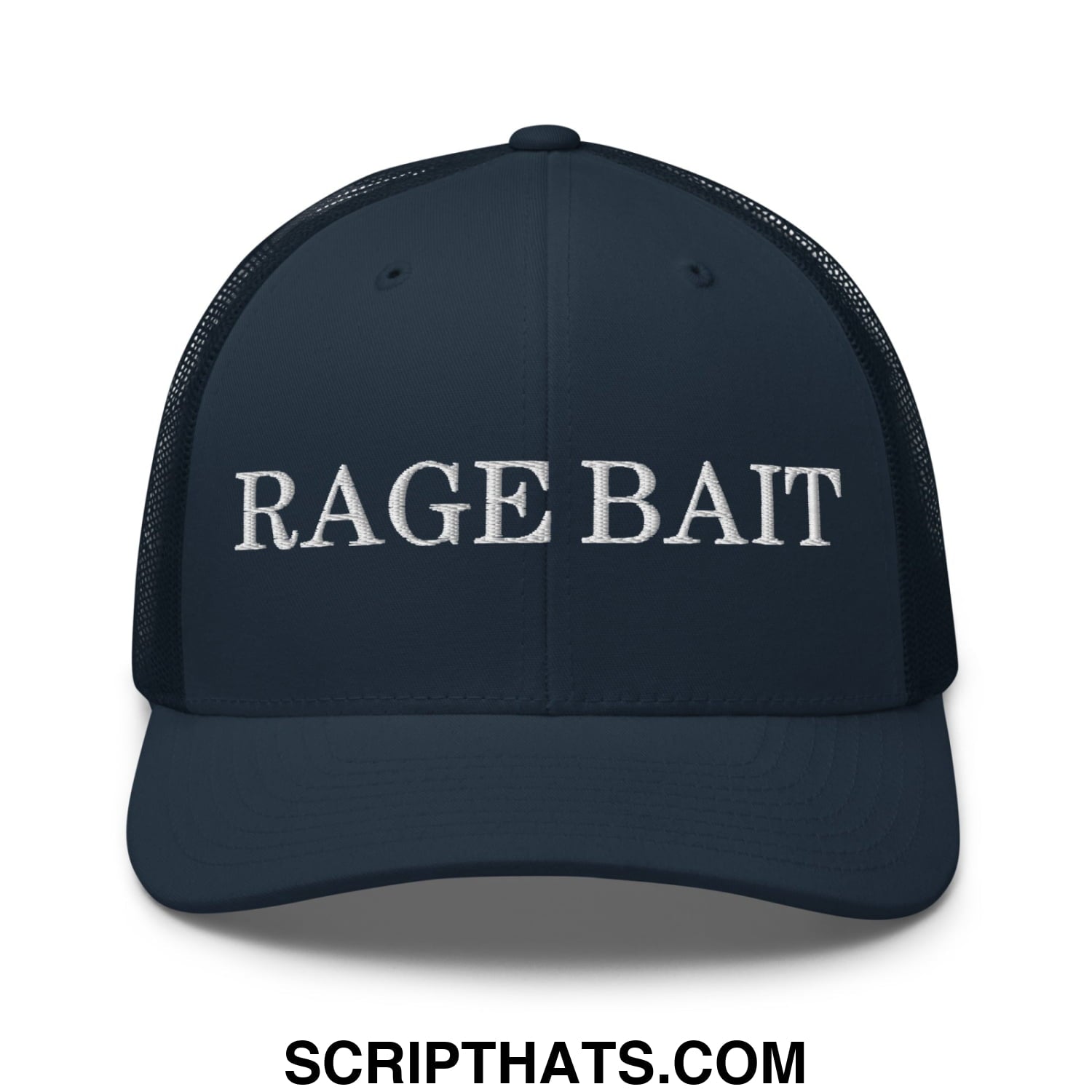 Dark navy mesh trucker hat with white embroidered rage bait text on front for casual wear