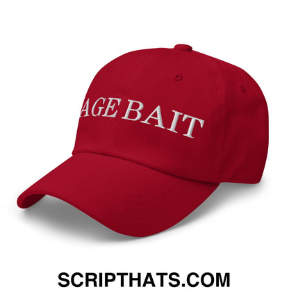 Red unstructured dad hat with white embroidered rage bait text perfect for casual wear