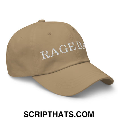 Tan unstructured dad hat with white embroidered rageba lettering designed for casual wear