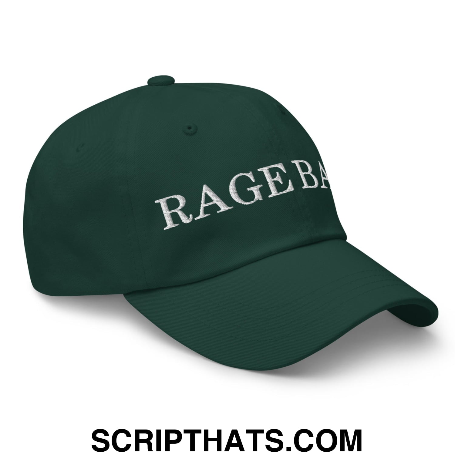Dark green unstructured dad hat featuring white embroidered rageba lettering for casual wear