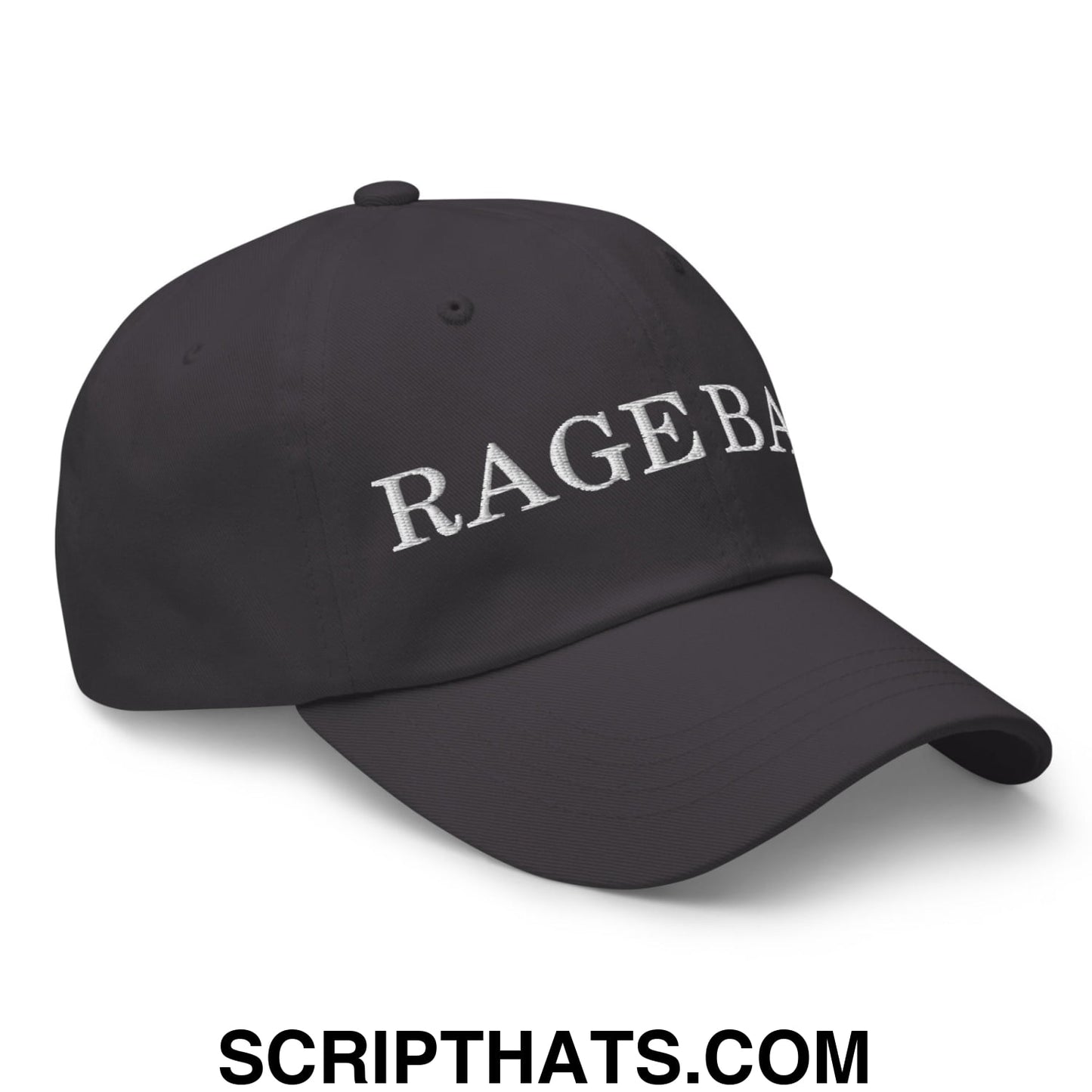Black unstructured dad hat with white embroidered rageba lettering in a rage bait design