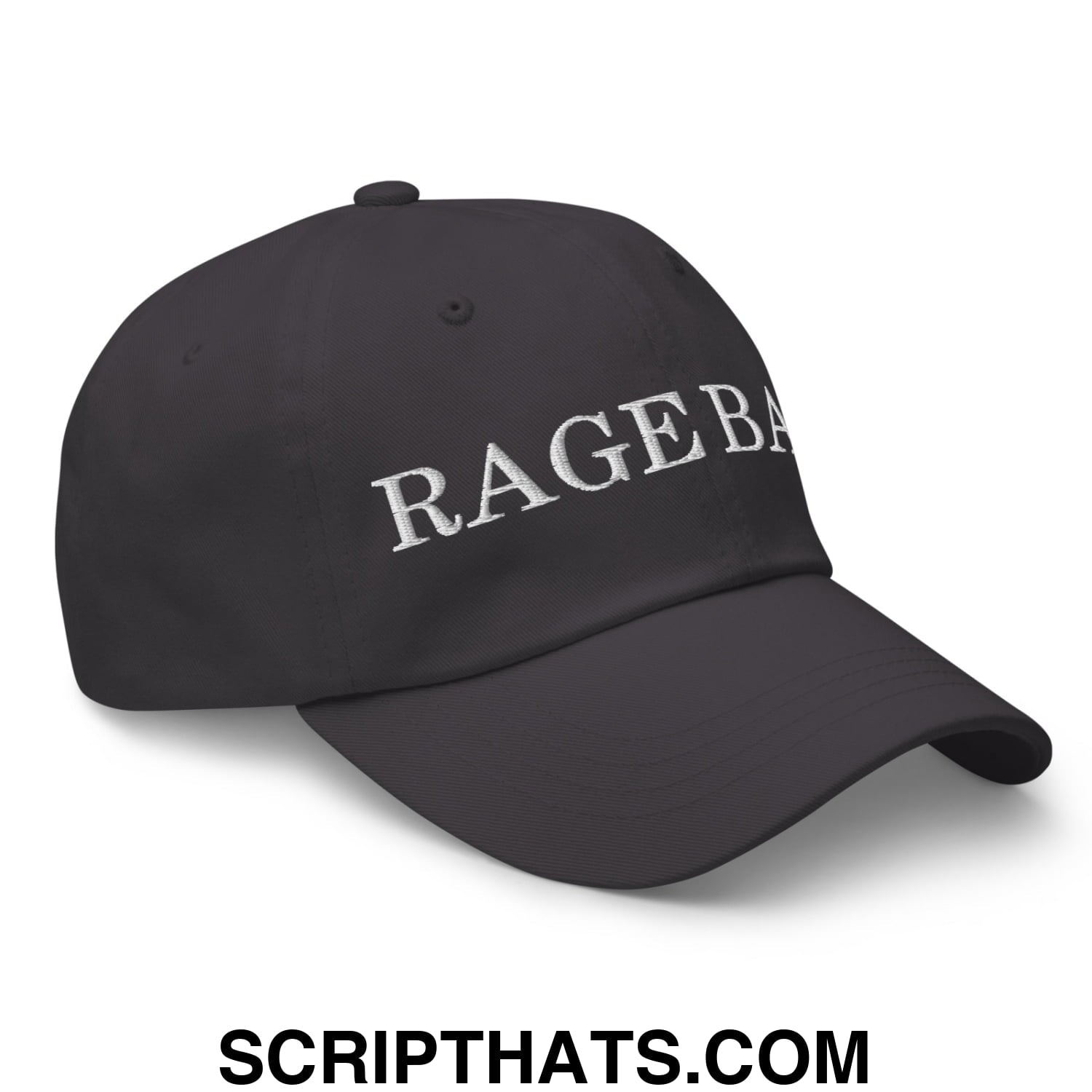 Black unstructured dad hat with white embroidered rageba lettering in a rage bait design