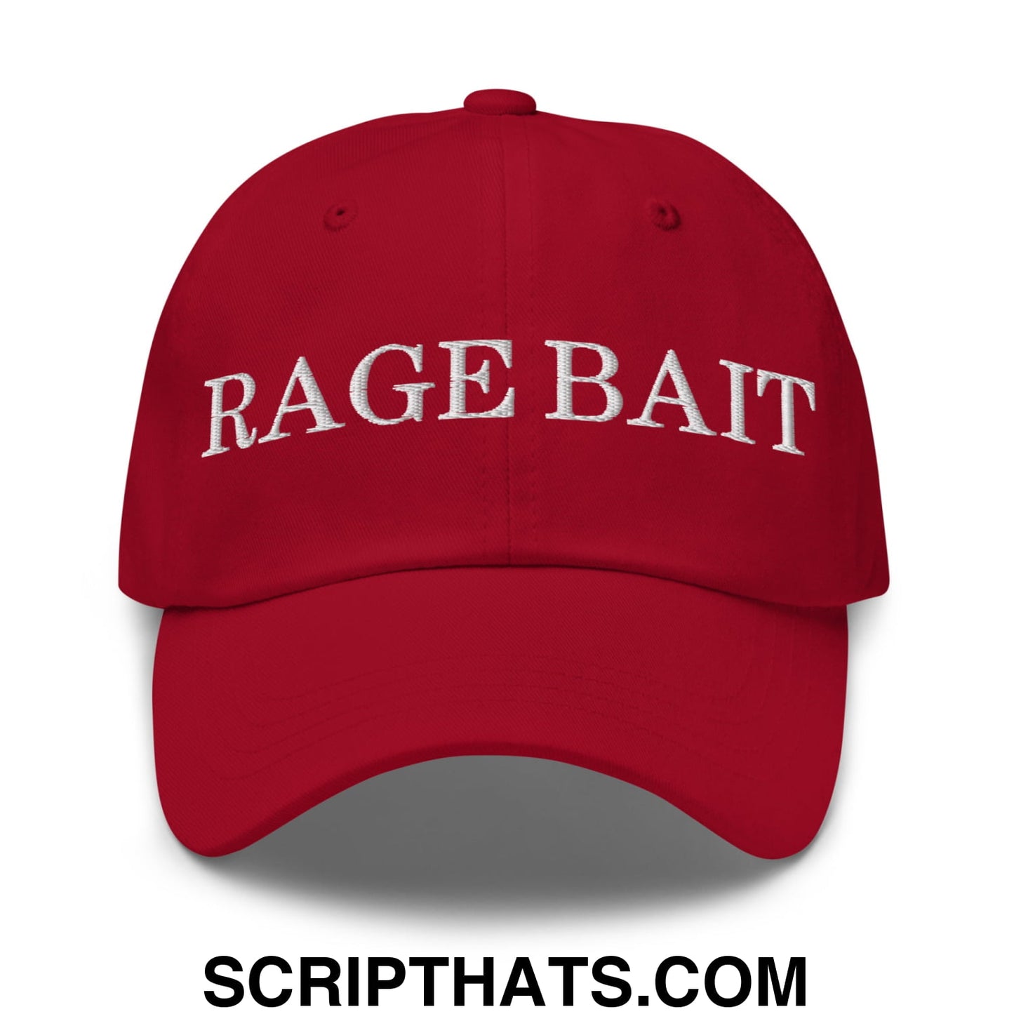 Red embroidered rage bait unstructured dad hat with white text on front for casual wear