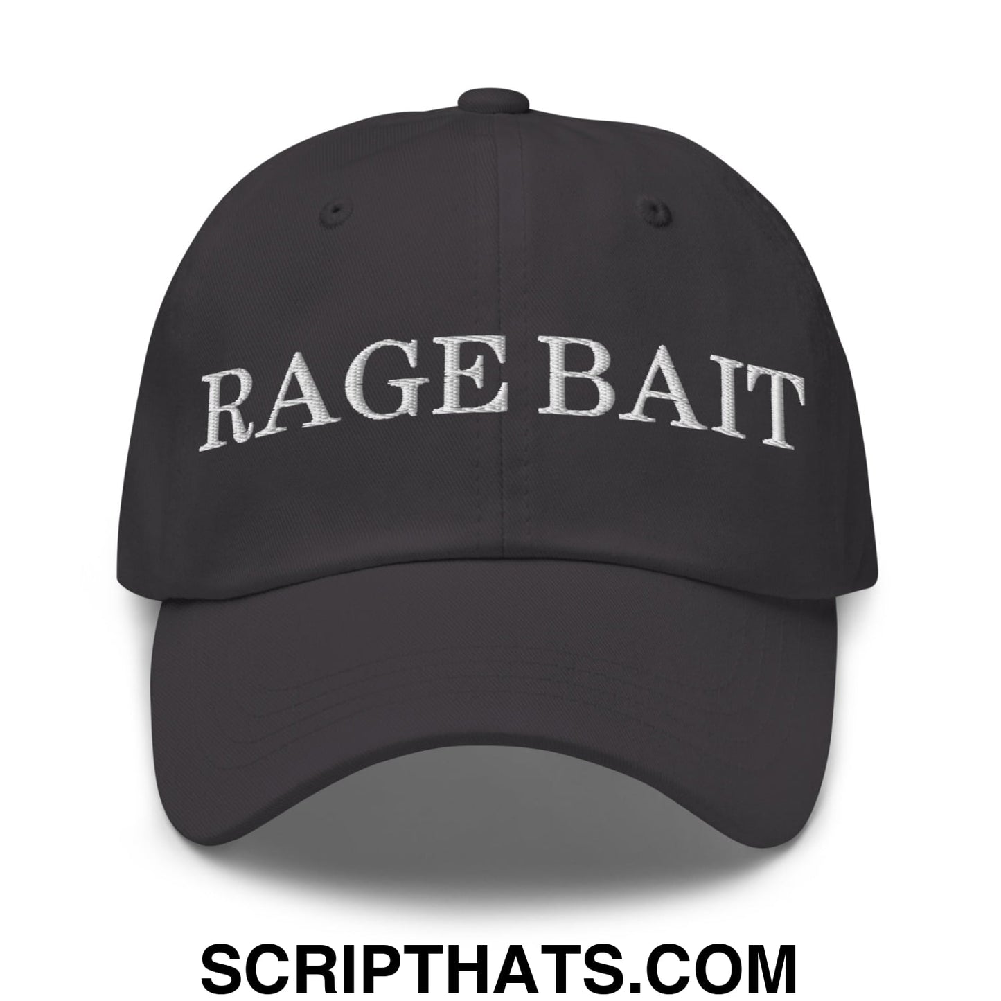 Black unstructured dad hat with white embroidered rage bait text across the front for casual wear