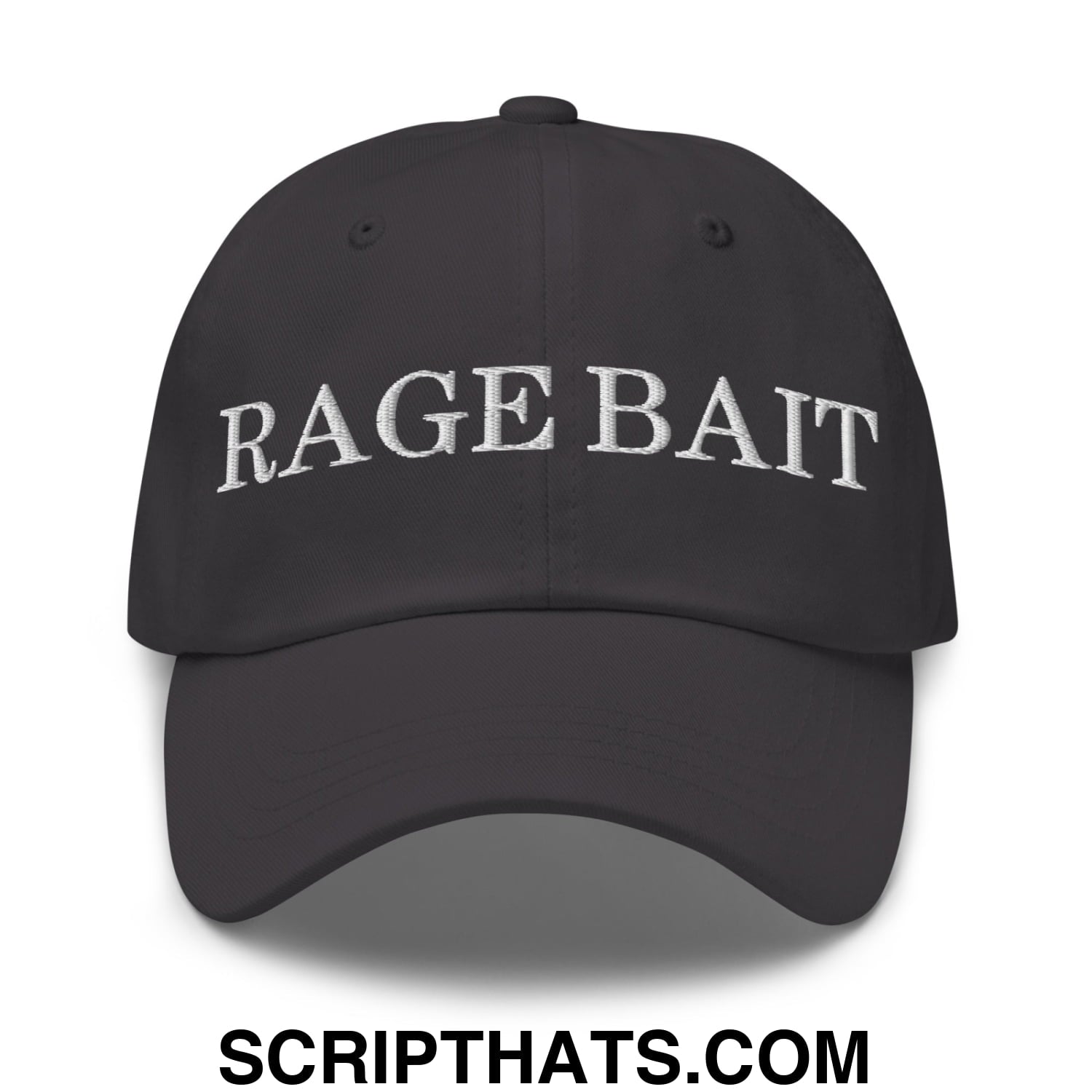 Black unstructured dad hat with white embroidered rage bait text across the front for casual wear