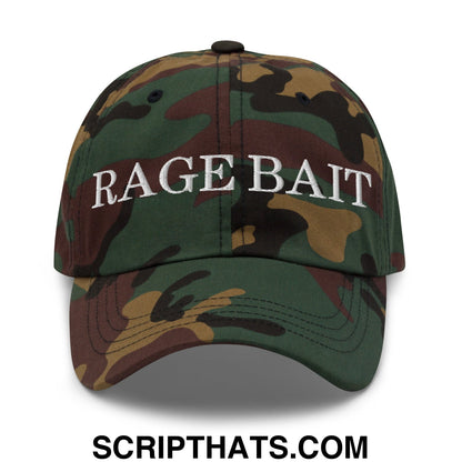 A camouflage unstructured dad hat with rage bait embroidered in white across the front for casual wear