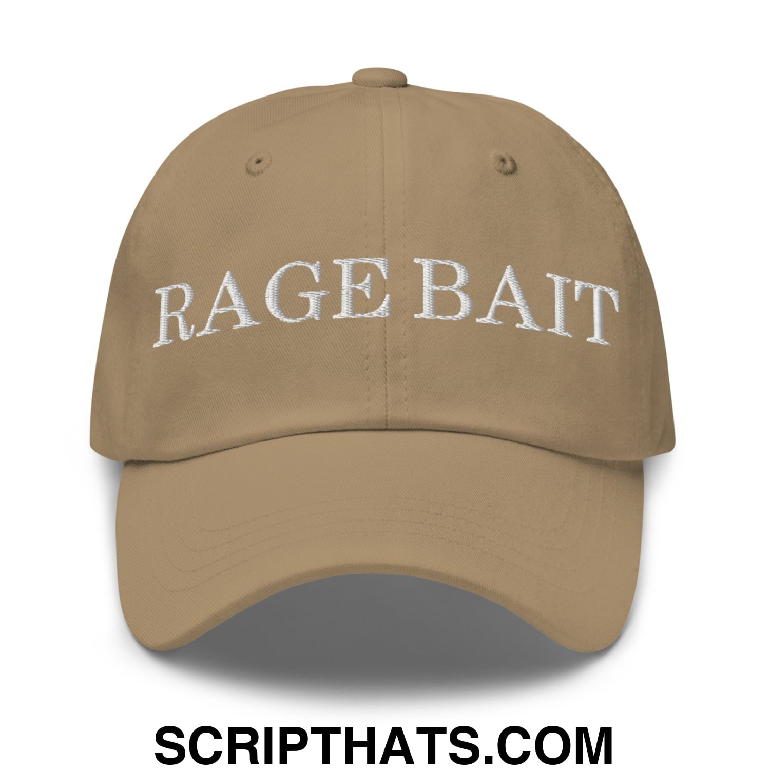 Tan unstructured dad hat with white embroidered rage bait text across the front for casual wear