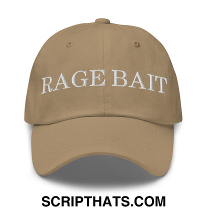 Tan unstructured dad hat with white embroidered rage bait text across the front for casual wear